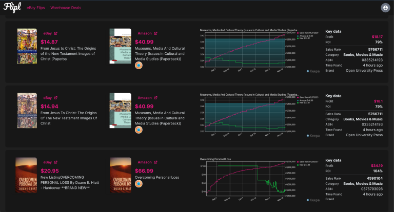 Flipl book sourcing screen - software to source books on ebay and resell on amazon